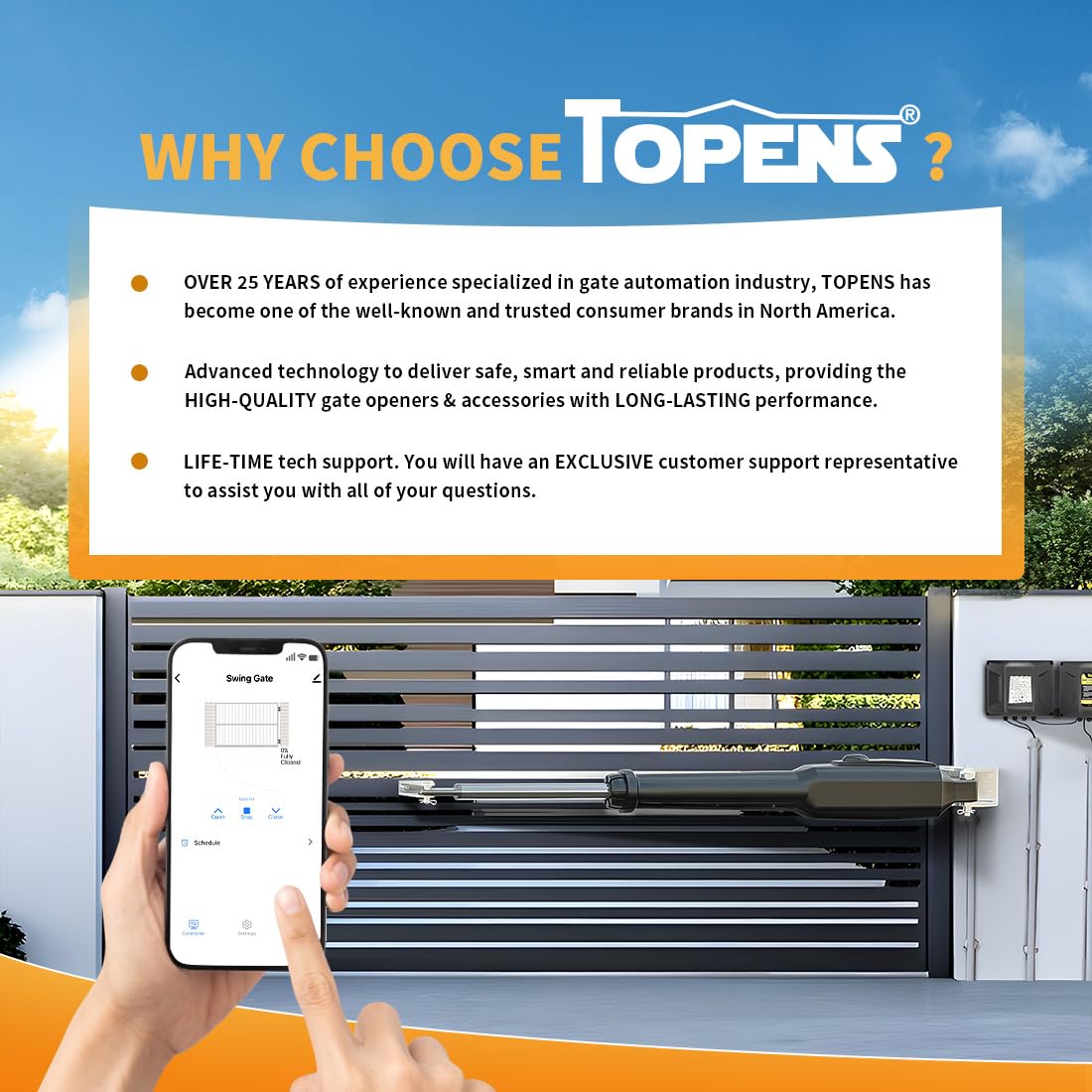 TOPENS XD851 Smart Gate Opener for Heavy Duty Single Swing Gates Up to 18ft, Automatic Gate Opener with App Control AC Powered Remote Control Kit Solar Compatible