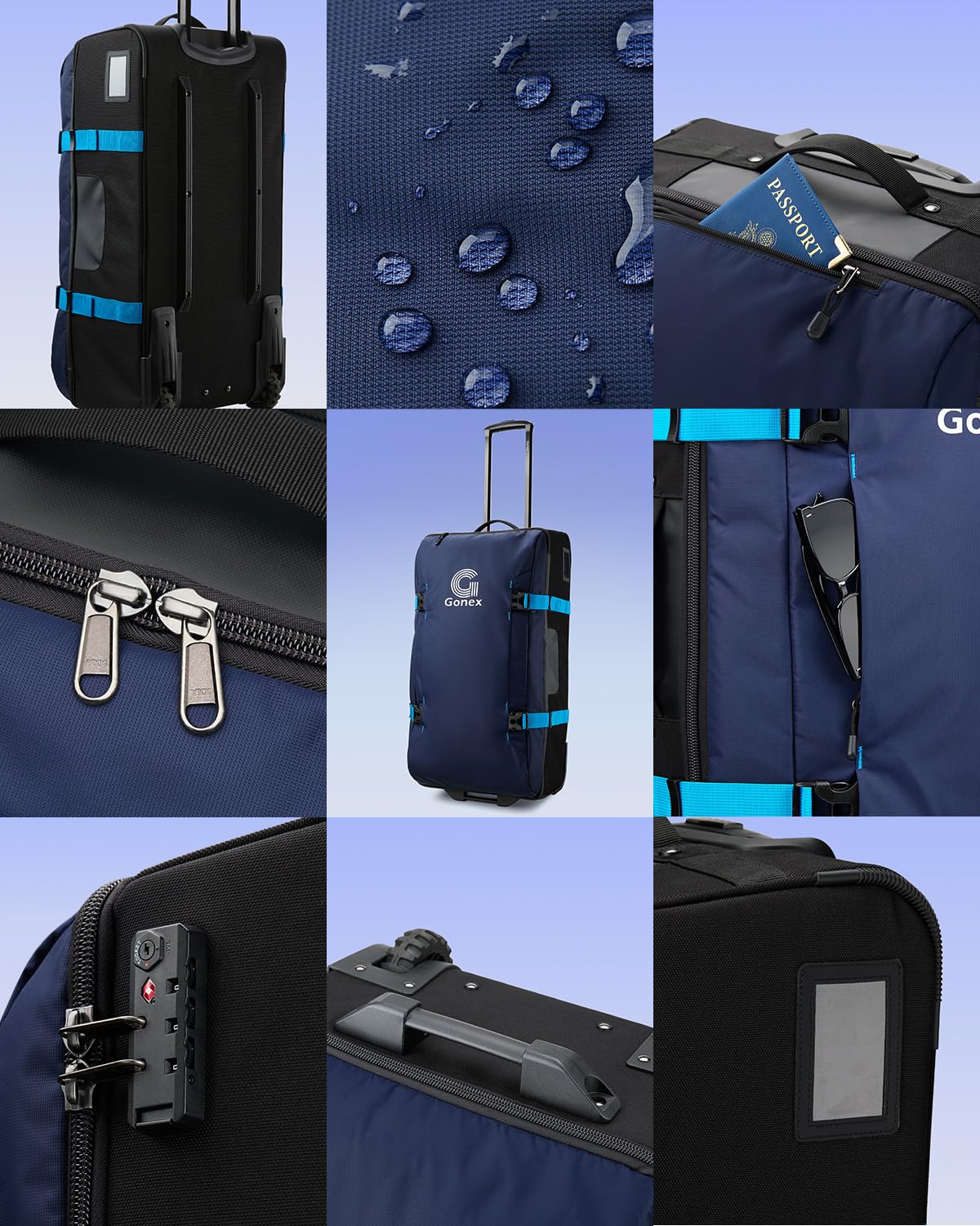 Gonex Rolling Duffle Bag with Wheels, Water-repellent 90L Nylon Large Wheeled Travel Duffel Luggage with TSA Lock & Telescopic Handle 30 inch, Dark Blue