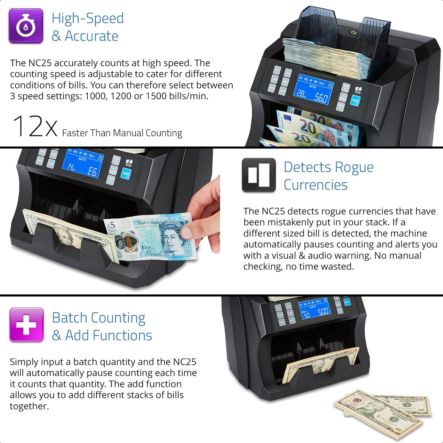 ZZap Bill Value Counter & Counterfeit Detector - Money Cash Currency Machine (NC25)
