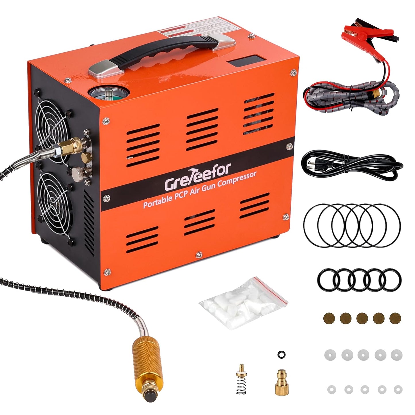 PCP Air Compressor, 4500 PSI / 30 MPa, 350W Motor, Auto Stop, Built-in Adapter, 12V DC or 110V / 220V AC Power, Portable Water/Oil-Free Pump for Paintball, Air Rifle, Airguns, HPA Tanks, Orange
