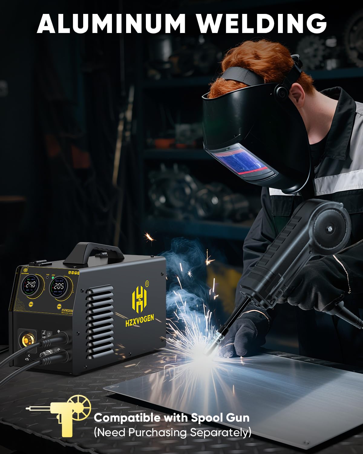 H HZXVOGEN 205A MIG Welder, 5 in 1 Gas MIG/Gasless MIG/Stick/Lift TIG/Spool Gun 110/220V Aluminum Welder Machine, Synergic Control Multiprocess Flux Core Welder MMA/Arc Welding Machine(HVM205P)