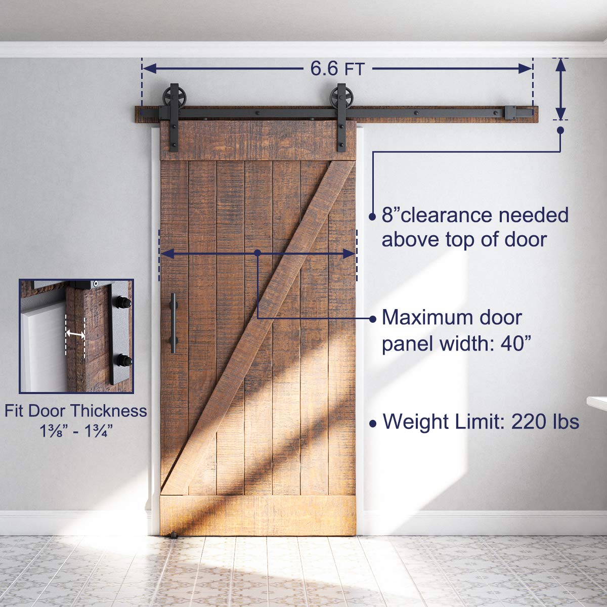 SMARTSTANDARD 6.6ft Heavy Duty Sliding Barn Door Hardware Kit, Black, (Whole Set Includes 1x Pull Handle Set & 1x Floor Guide) Fit 36"-40" Wide Door Panel (Big Industrial Wheel Hangers)