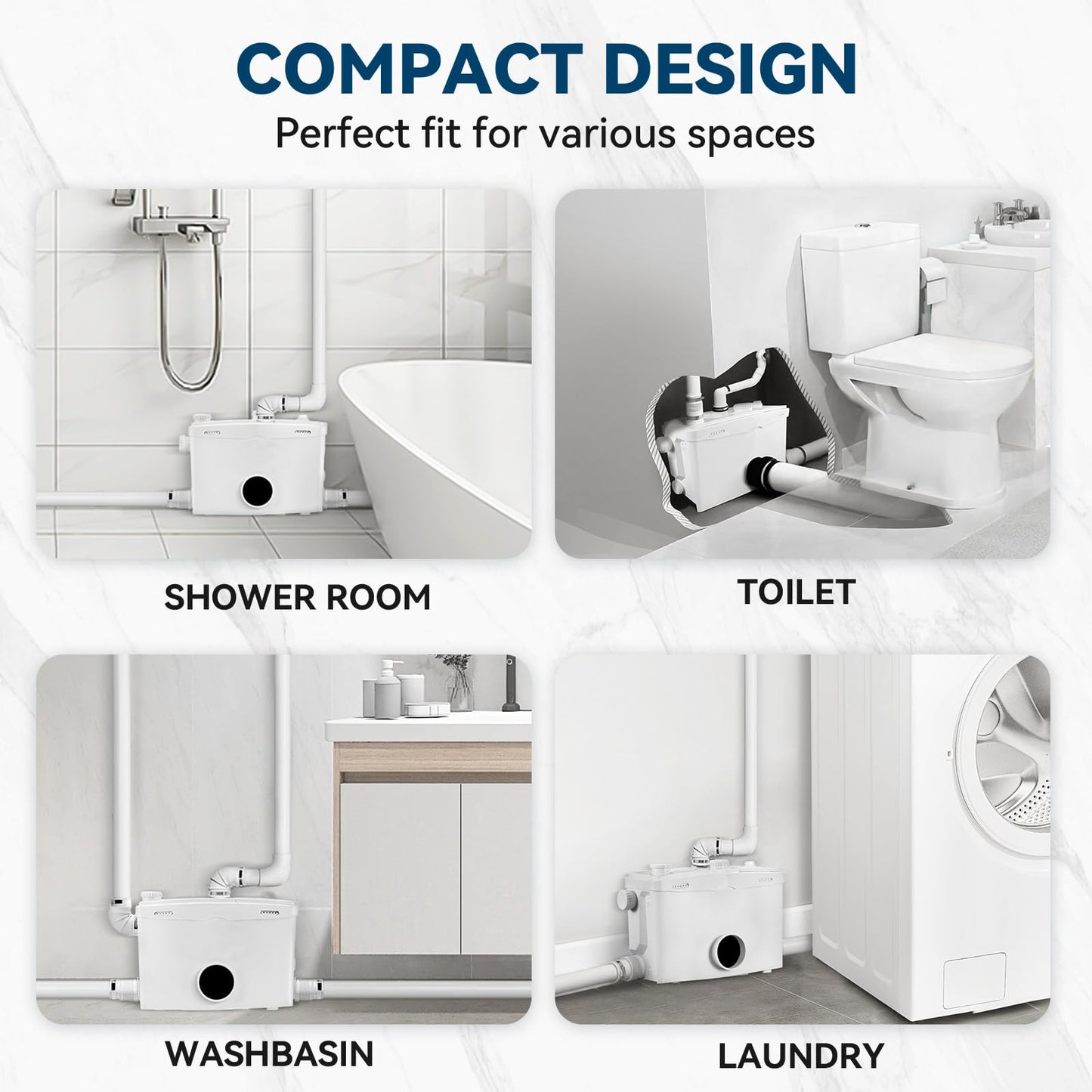 1500W Macerator Pump for Conventional Toilet with A Bottom Outlet Toilet Pump Upflush to 32.8FT 2800GPH Utility Sink Pump 4 Water Inlets 2 Outlets Macerating Toilet System for Toilet Shower Kitchen