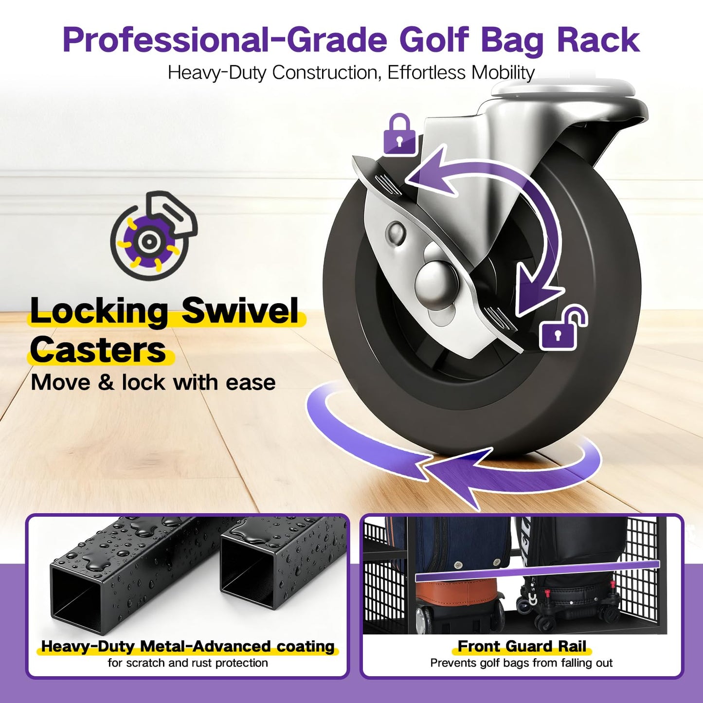Golf Bag Storage Garage Organizer, Golf Bag Storage Stand and Other Golfing Equipment Accessories Rack, Golf Bag Storage Rack with Wheels, Golf Organizer for Home, Garage, Club, Shed, Basement