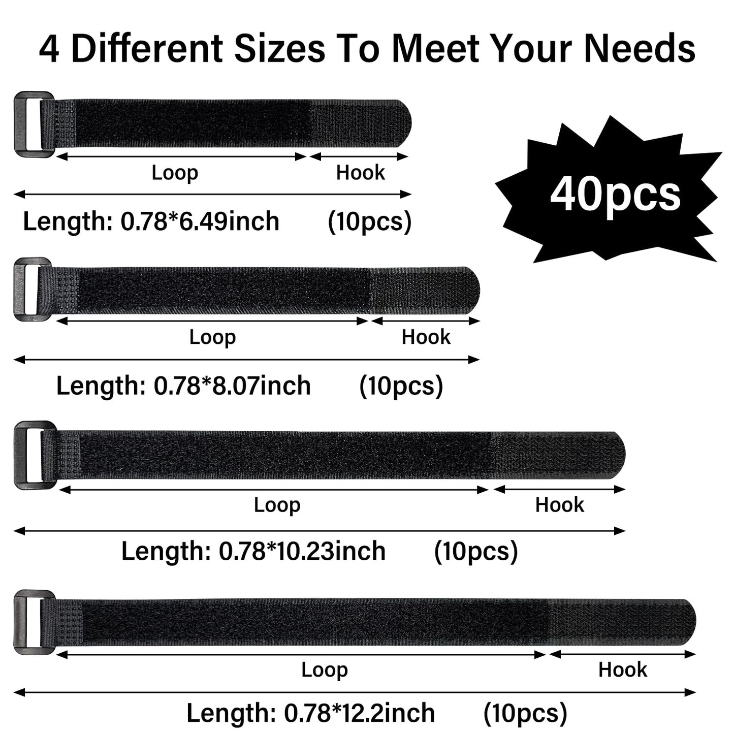 40pcs Reusable Cable Ties - 4 Sizes (6/8/10/12 Inch) - Hook and Loop Cinch Straps for Wire Management - Heavy Duty Cord Organizer & Wire Ties for Electronics, PC, Home & Office