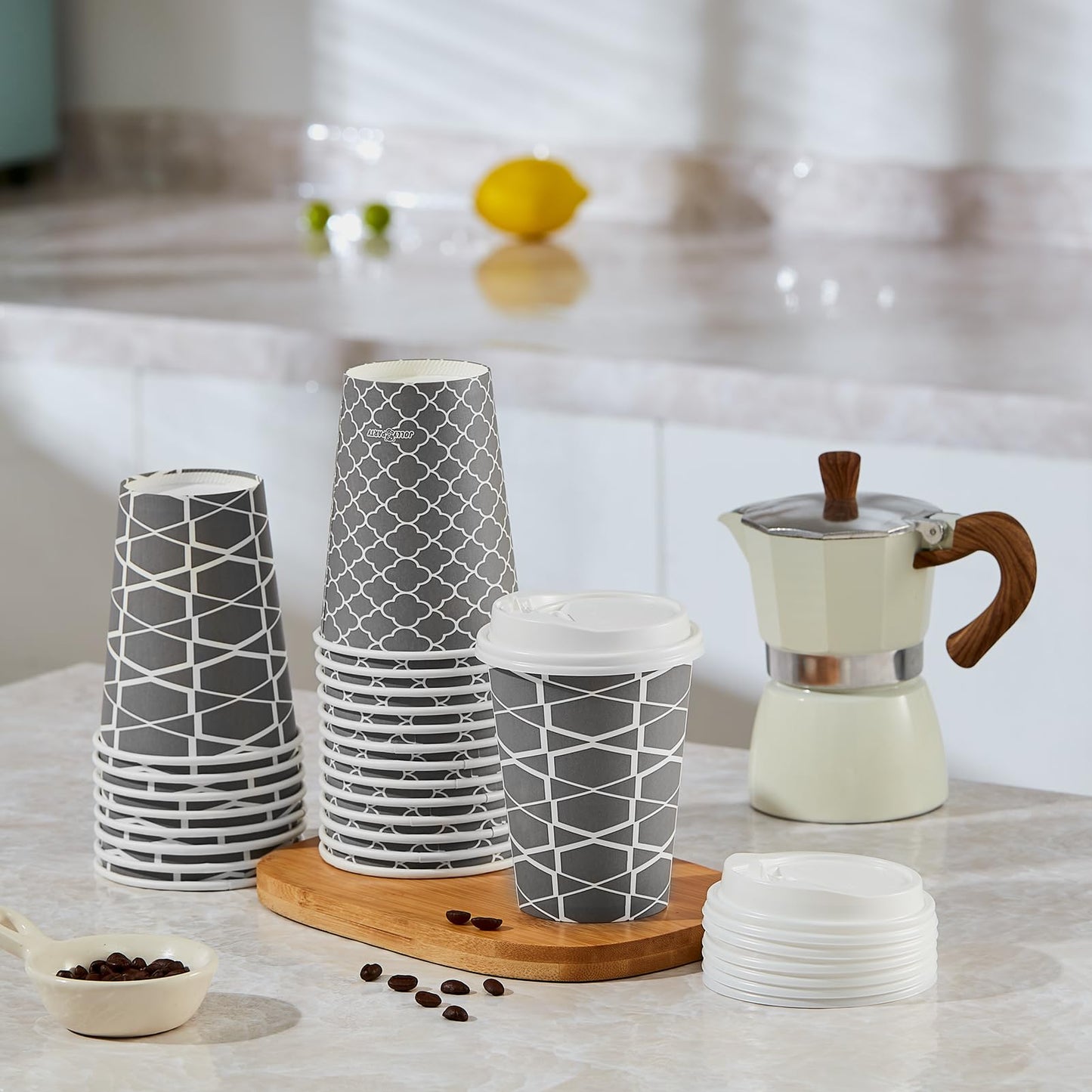 JOLLY PARTY Disposable Coffee Cups with Lids -12 oz (100 Sets) To Go Cups, Paper Coffee Cups for Beverages Espresso Tea, Suitable for Cafes, Offices and Home
