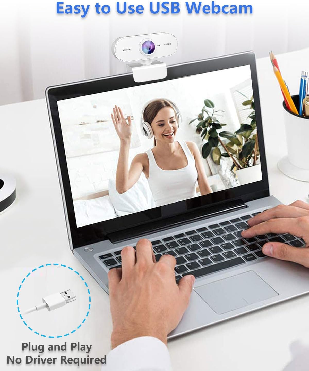 QMKKX 1080P Webcam for pc with Microphone,Full HD White Streaming Web Cam for Mac Laptop, Mini USB C External Clip