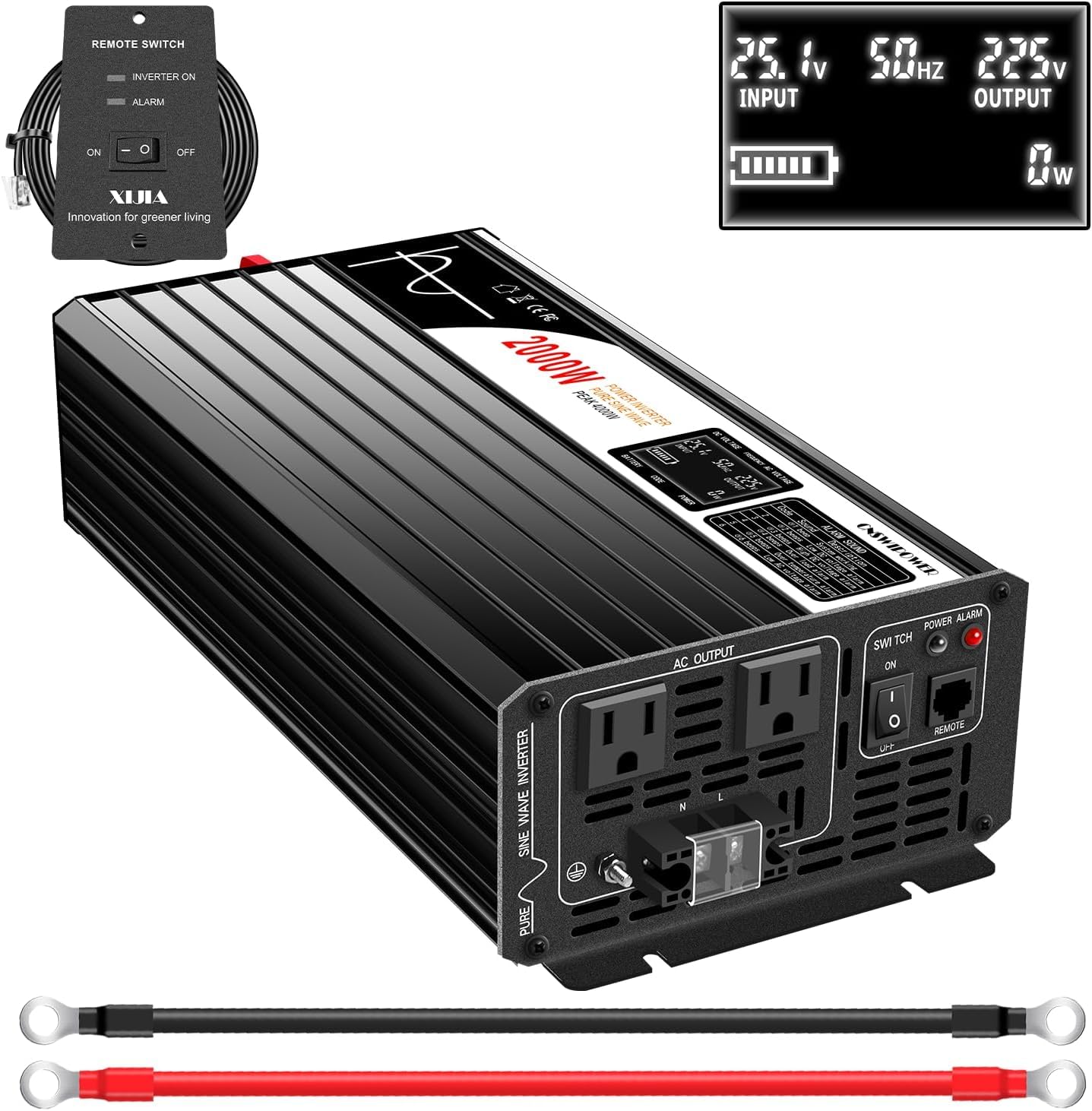 Xijia 2000W Pure Sine Wave Inverter，12V to 120V AC Converter for Home，Solar Systems，Remote and Bluetooth Control for Truck，Camping，with 2 AC Socket，Surge Power 4000W