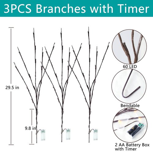 3PCS LED Lighted Branches Lights with Timer Battery Operated, 30 INCH Artificial Willow Brown Branches with Warm White Fairy Lights Vase Decorative Sticks for Home Christmas Party Holiday Home Decor