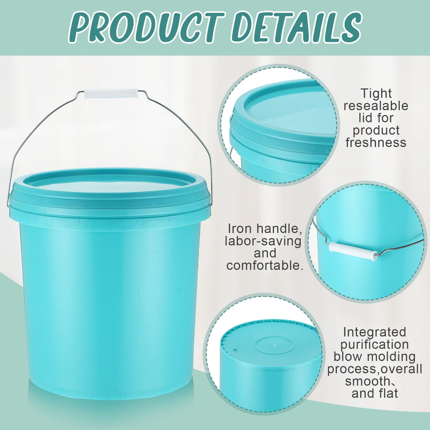 Blushtier 6 Pcs 3.2 Gallon Plastic Bucket with Lid and Metal Handle All Purpose Pail Recyclable Multipurpose Storage Bucket Heavy Duty Bucket Pail Container for Home Household Cleaning, Lake Blue