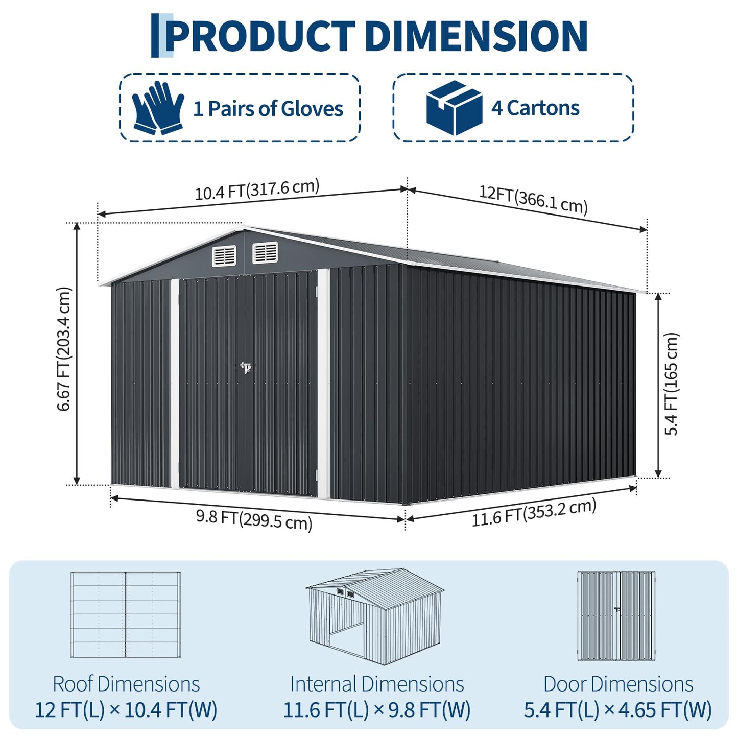 GarveeLife 12 X 10 ft Outdoor Storage Shed, Metal Garden Sheds & Outdoor Storage with Updated Frame Structure, Backyard Garden Terrace Tool Shed for Backyard, Lawn, Patio, Bike Storage, Gray