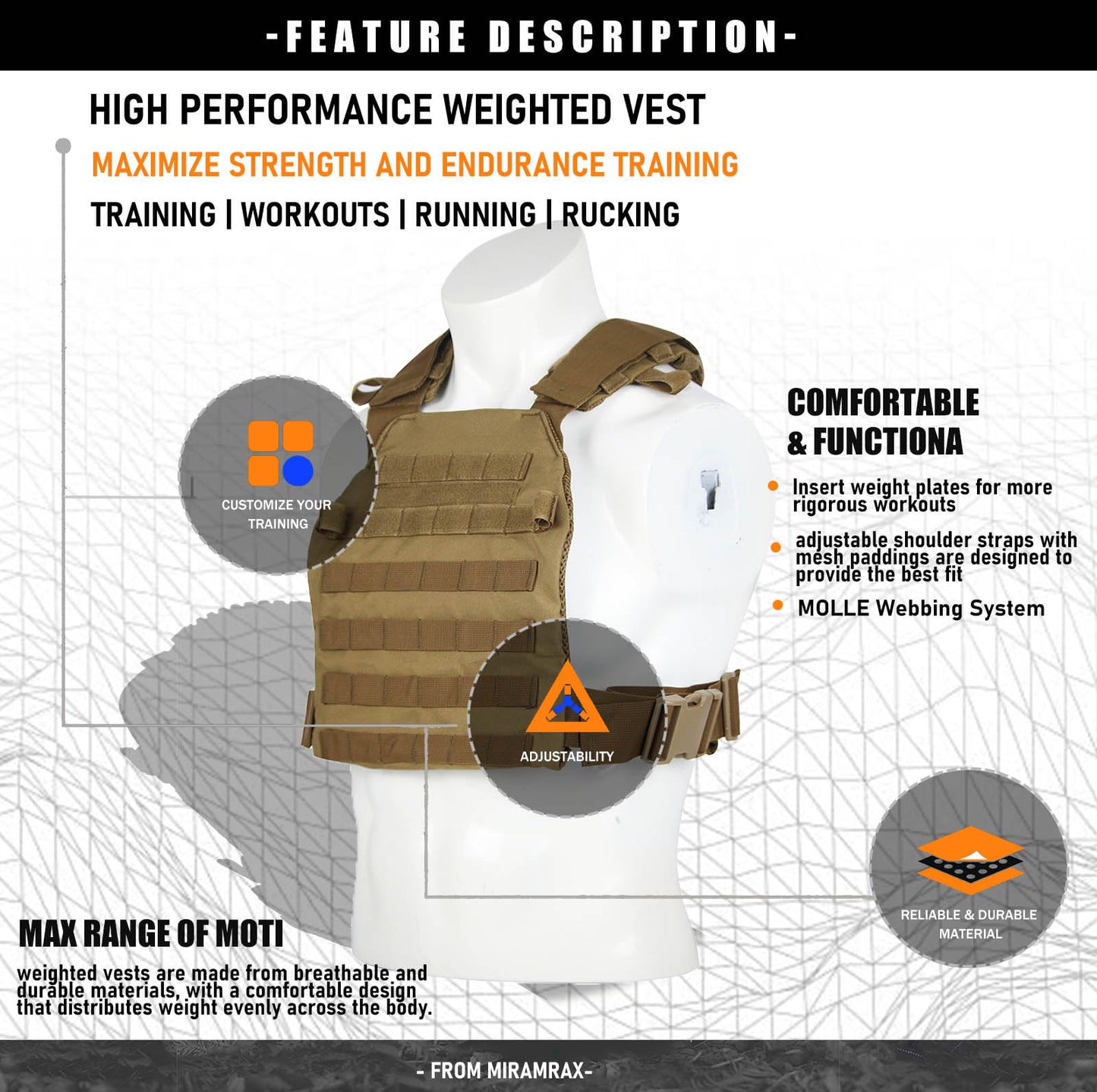 Miramrax Weighted Vest for Men and Women Weight Vests Adjustable Strength and Endurance Training Fitness Workouts Tactical Running Gym (Tan)