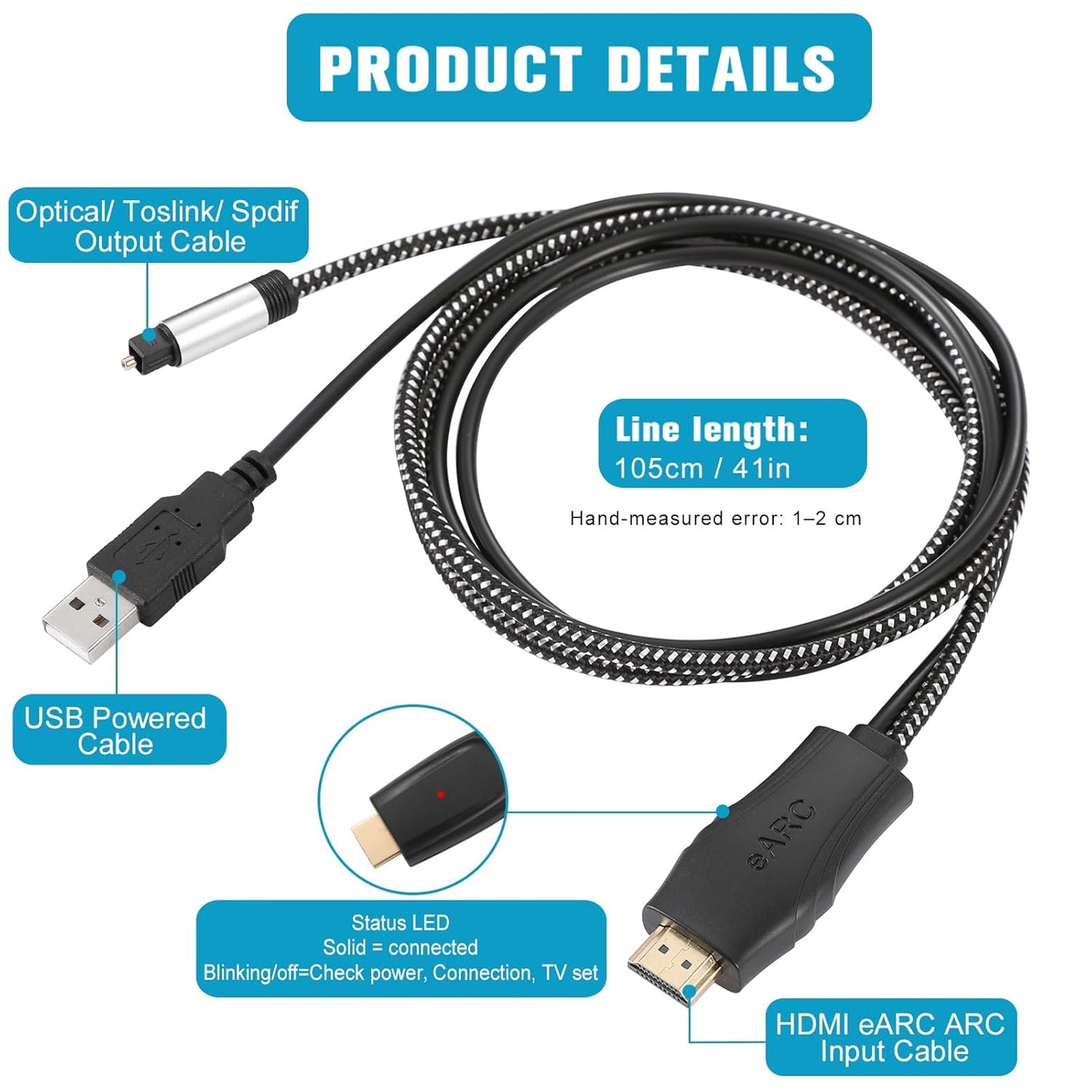 192KHz 3.4ft/1.05m Dolby/DTS 5.1 HDMI eARC/ARC to Optical Audio Converter for TV to Soundbar, Plug & Play eARC