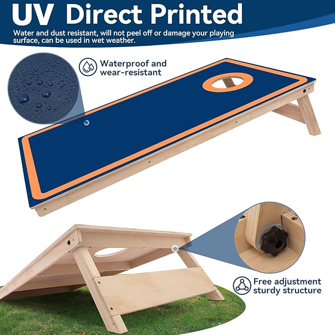 Cornhole Board Set - No Bounce,Regulation Size 4x2 ft,Made of 1/2" Pine Plywood,UV Printing Includes 8 Bean Bags and 2 Cornhole Boards,Perfect for Outdoor Games and Gatherings