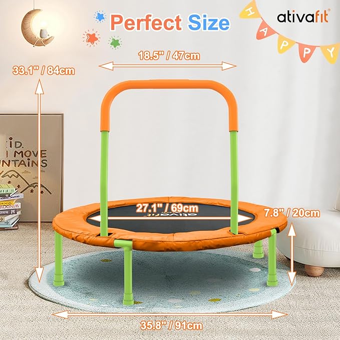 Ativafit 36inch Mini Toddler Trampoline for Kids Ages 2-6 Indoor Outdoor Folding Small Rebounder Trampoline with Foam Handle Safety Padded Cover Fun for Kids