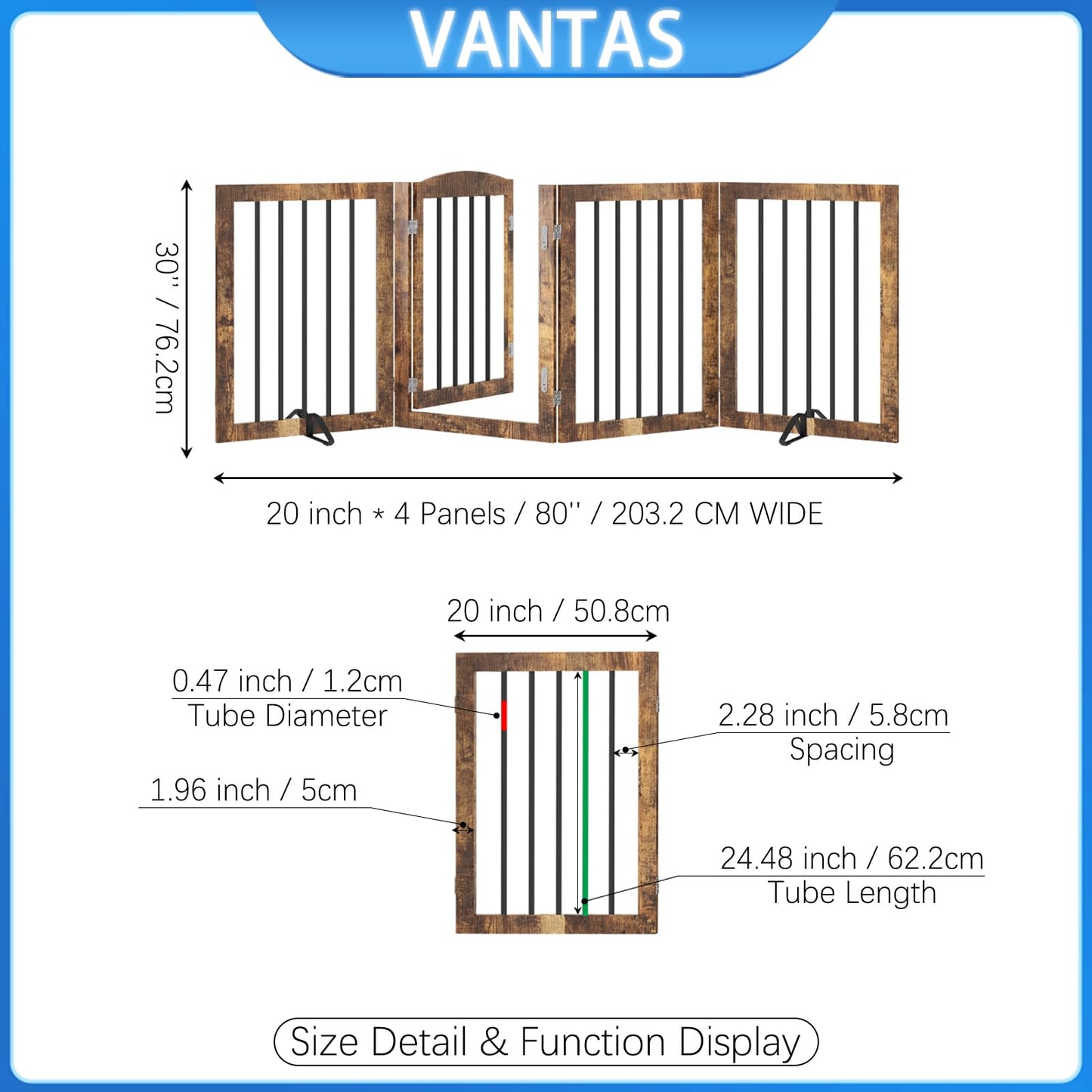 Vantas Folding Pet Gate 80" Wide, 30" Tall No-Assembly Wooden Dog Gate with Door Walk Through, Freestanding Puppy Safety Fence, with 2PCS Support - Rustic Brown