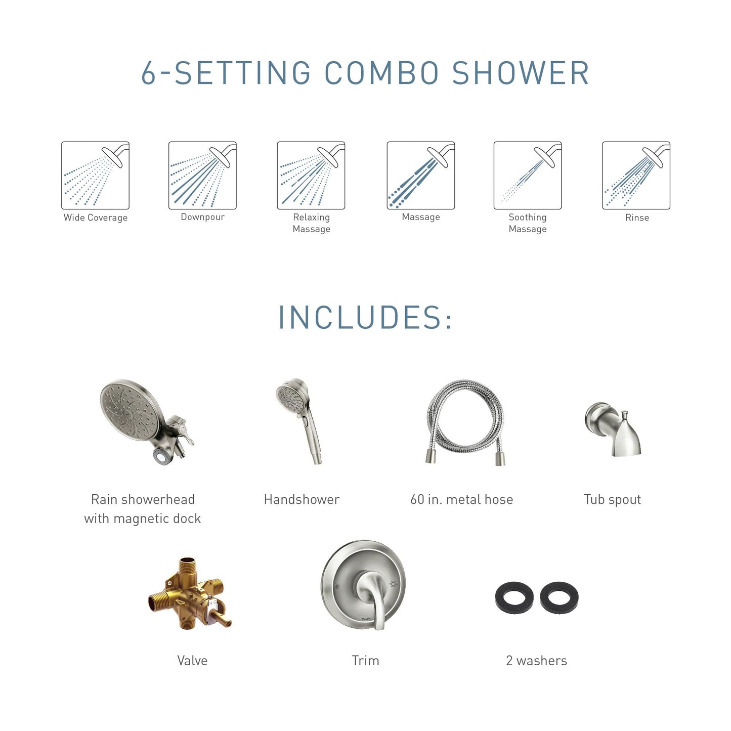 Moen Engage Multi-Function Handshower and Rainfall Shower Head Trim Combo with Handle, Tub Spout, Metal Hose and Valve, Brushed Nickel, 82304SRN