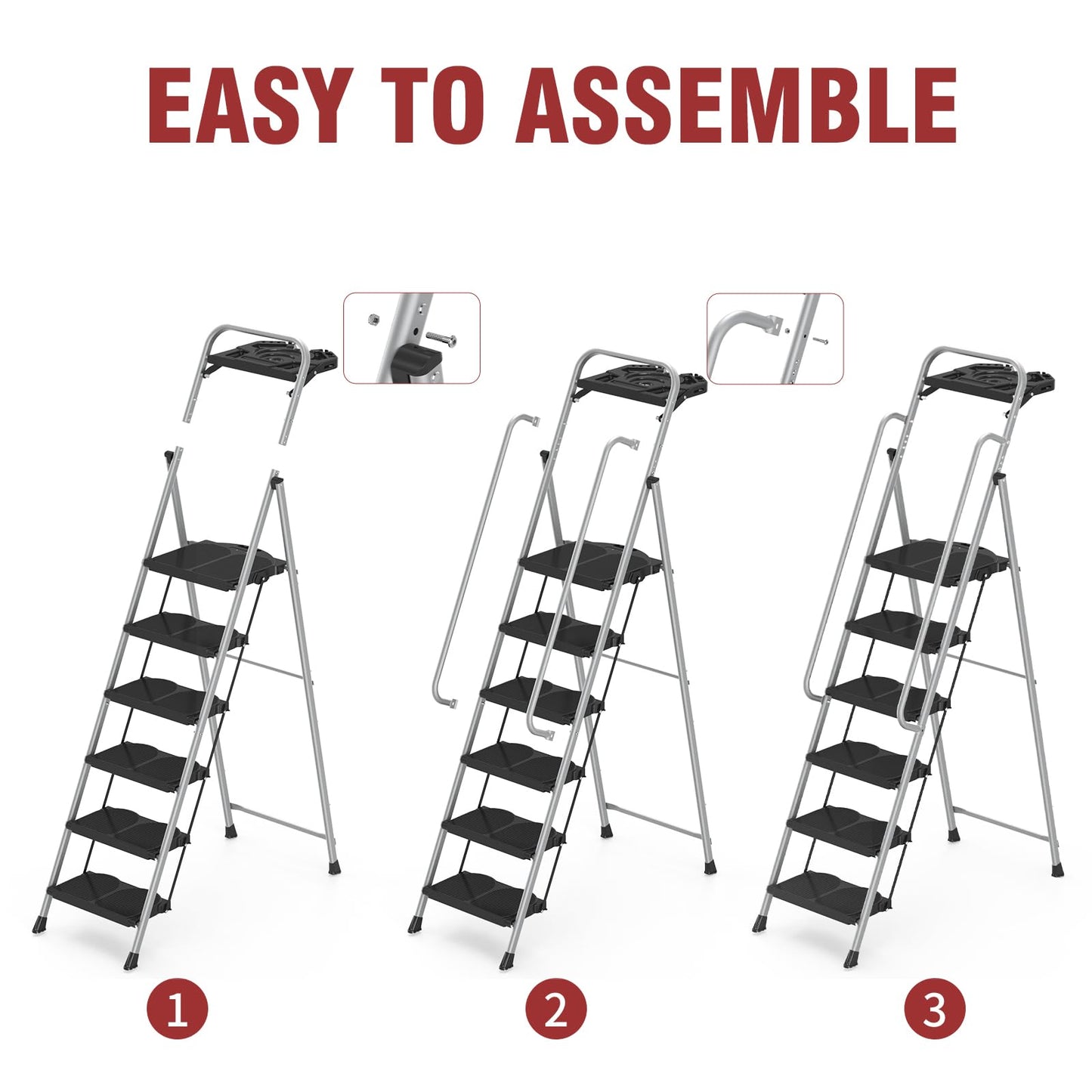 6 Step Foldable Step Ladder Stool with Roomy Tool Tray and Secure Handrail, Foldable Platform Ladder 6 Step Folding Stepstools with Wide Pedals and 800lbs Weight Capacity for Adults, Home, Kitchen