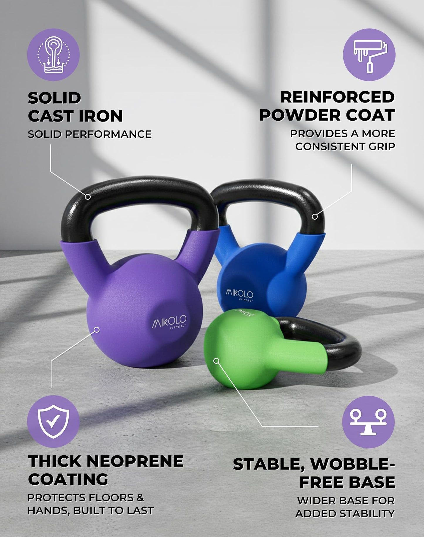 Mikolo Neoprene Coated Cast Iron Kettlebells 5-30LB Set, Solid Weight Set with Wide Grip Handle and Flat Bottom, Ideal for Full Body Strength Training at Home Gym(30LB)