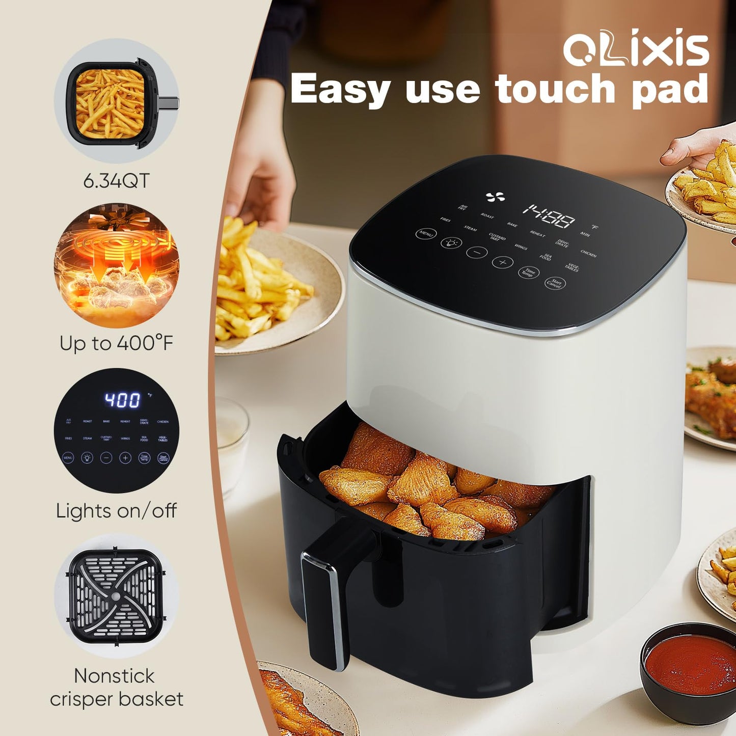 OLIXIS Air Fryer 6 Quart with Window Square Air Fryer 12-in-1 Air Fry, Roast, Reheat, Dehydrate, Bake, Steam, Fries, Custard, Chicken, Wings, Sea Food, Vegetabels,400F, White