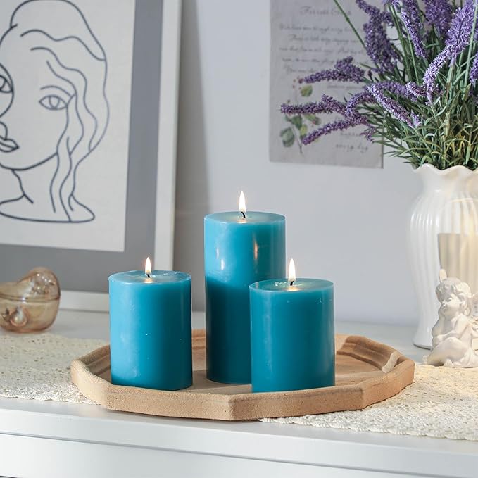 3x4 Inch Blue Pillar Candles Set of 3 - Decorative Unscented Pillar Candles, Long Burning Dripless Candles for Home Table Decor, Smokeless Large Pillar Candle, Wedding, Dinner, Rustic, Christmas Decor