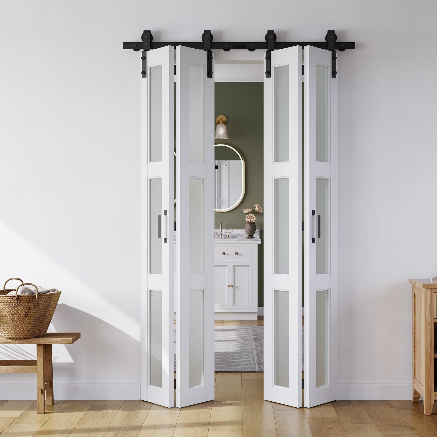 SMARTSTANDARD 56in x 84in Bifold Barn Door, Frosted Glass Barn Door with Hardware Kit Included, Pre-Drilled Holes Easy Assembly -Solid Barn Doors Slab Covered with Water-Proof PVC Surface, White