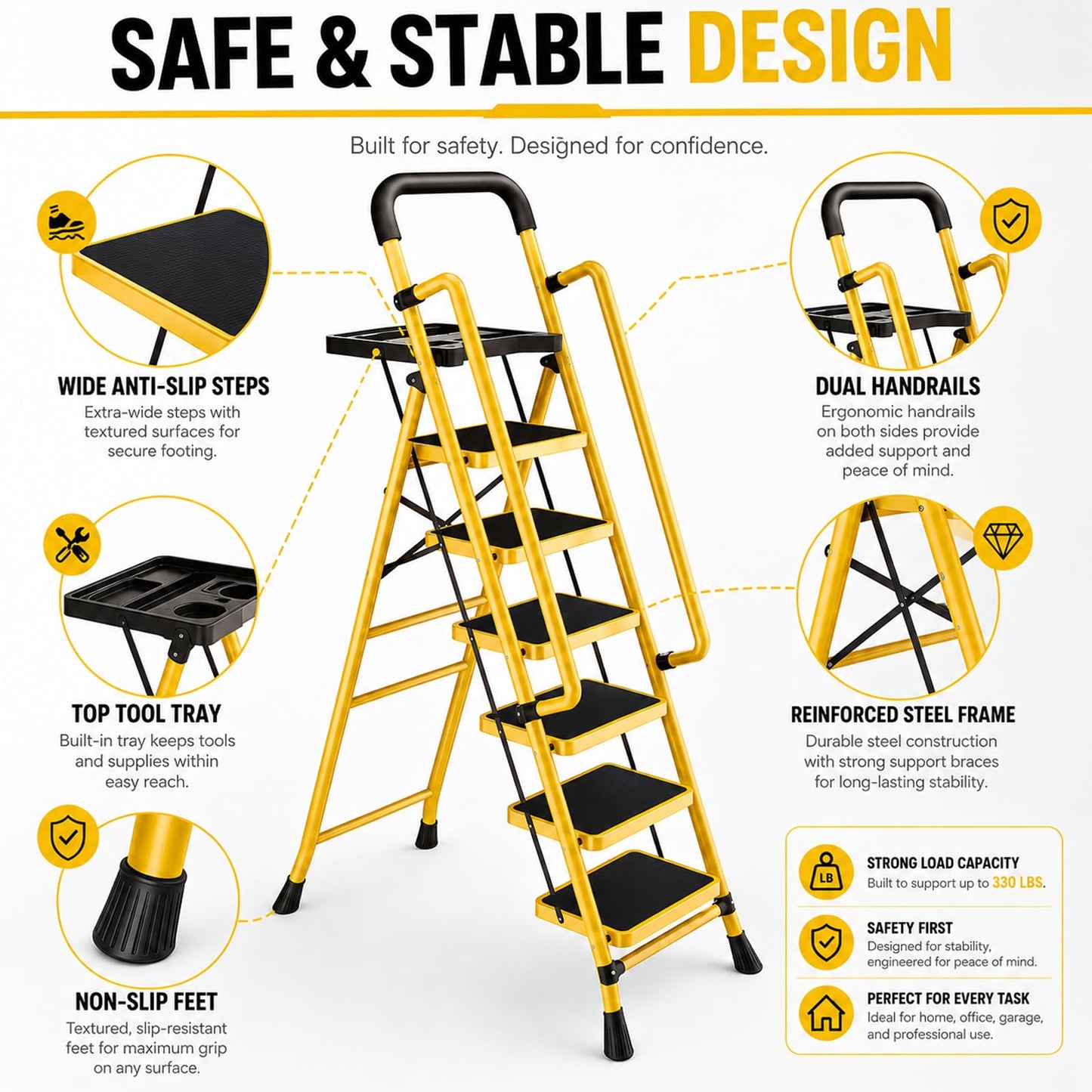 6 Step Ladder with Platform, 330 Lbs Load Heavy Steel Duty Step Ladders, Portable Safety Step Stool with Pedals, Handrail, for Multi-Purpose, Home, Kitchen