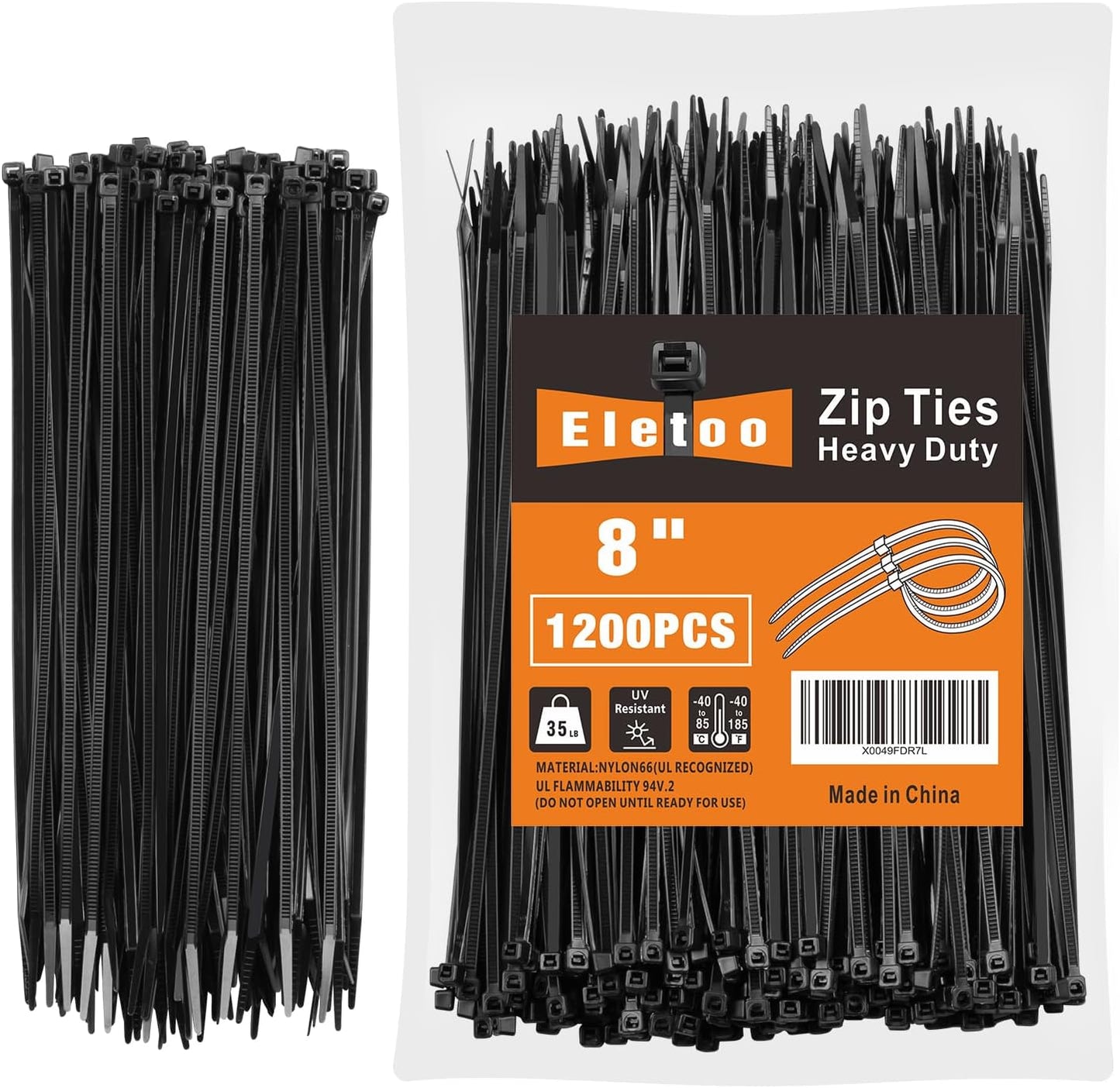 Eletoo 8 Inch (1200 Pack), 35 LBS PA66 Black Zip Ties Tensile Strength, Self-Locking Nylon UV Resistant Cable Ties