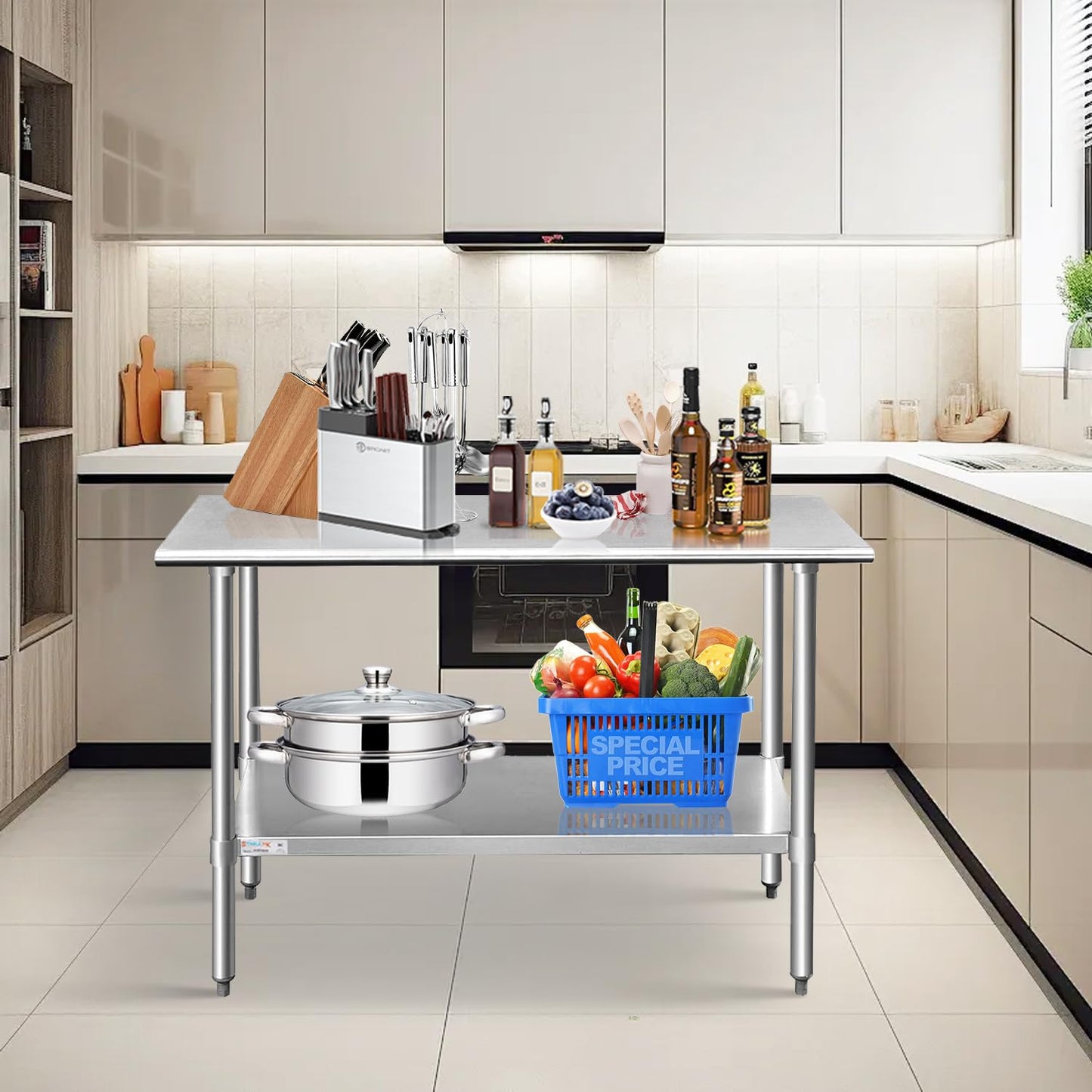 STABLEINK NSF Stainless Steel Prep Table 48x24 Inches 4ft, Metal Work Table with Adjustable Undershelf, for Commercial Kitchen, Restaurant, Hotel, Laundry and Garage