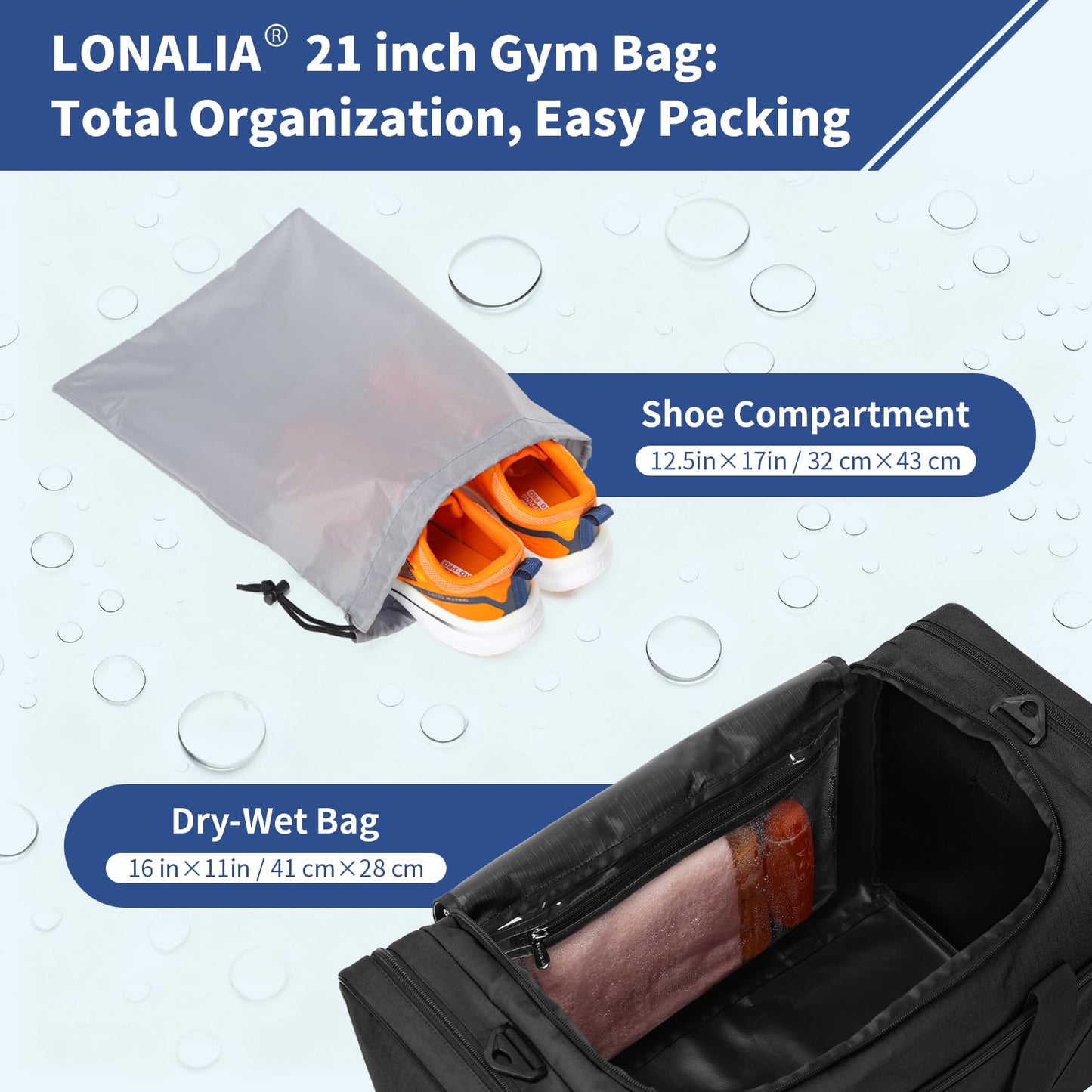 LONALIA 45L Sport Duffle Bag for Men - 21 inch Duffle Bag with Shoe Pouch and Wet Pocket for Travel, Workout, Fitness, Training (Black)