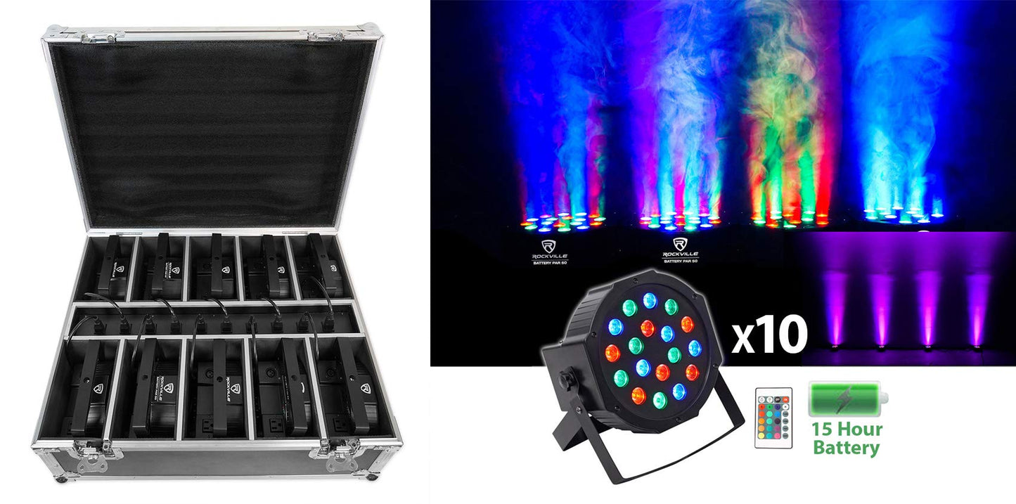 Rockville Battery PAR Pack 50 Black - 10 Pack Rechargeable RGB LED Par Lights with Case, Wireless DMX, 10Hr Battery, Event Stage Lighting