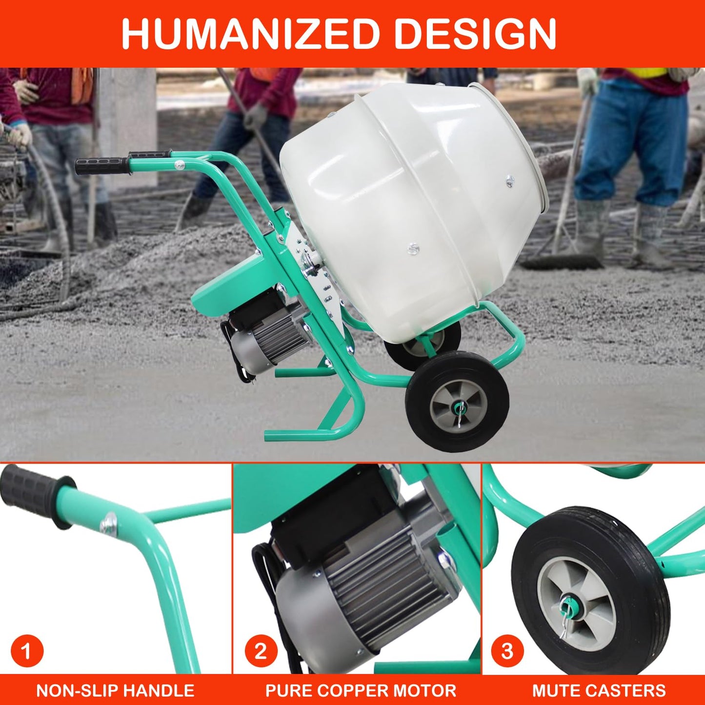 HayWHNKN 6.3 Cu.Ft Electric Concrete Mixer Cement Mixer Portable 4 Steel Blades Cement Mixing Machine Concrete Mortar Steel Drum with Wheels for Cement Sand Rack