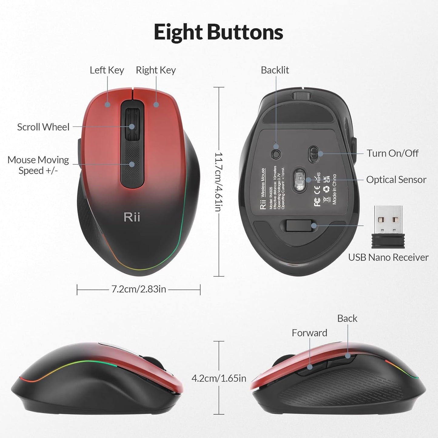 Rii 2.4 1000/1200/1600 Wireless Mouse Rechargeable, GHz with USB Receiver, DPI, Ergonomic Grips, Silent Keys, Cordless