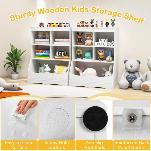 HONEY JOY Kids Toy Storage Organizer with Bookcase, 4-Cubby Organization Storage Cabinet w/Display Shelf, Wooden Toy Storage Unit for Playroom, Nursery Daycare(White)