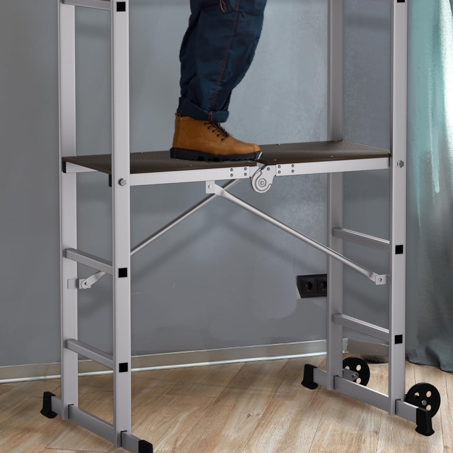 APARECIUM 5' Foldable Aluminum Scaffolding, Portable Scaffolding Ladder, Rolling Scaffolding Work Platform, Scaffold Tower, Ladder Stool Work Bench, Adjustable Work Platform, 330 Lbs Duty Rate