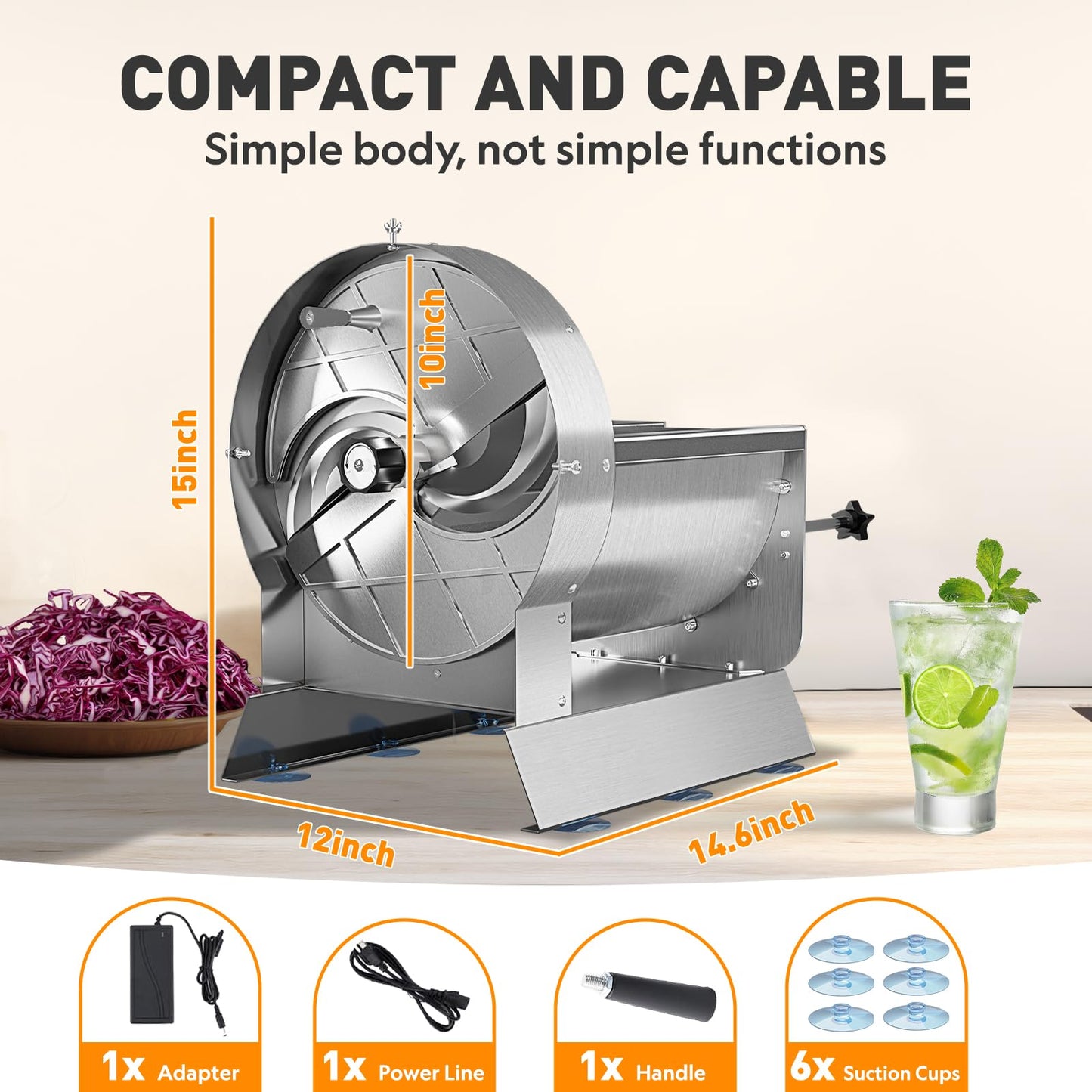 Upgraded Commercial Vegetable Slicer with Hands-Free Operation, Carry Handle & Cleaning Brush, 2-in-1 Electric & Manual Stainless Steel Fruit Cutter, Adjustable 0–13mm for Cabbage, Potatoes, Tomatoes