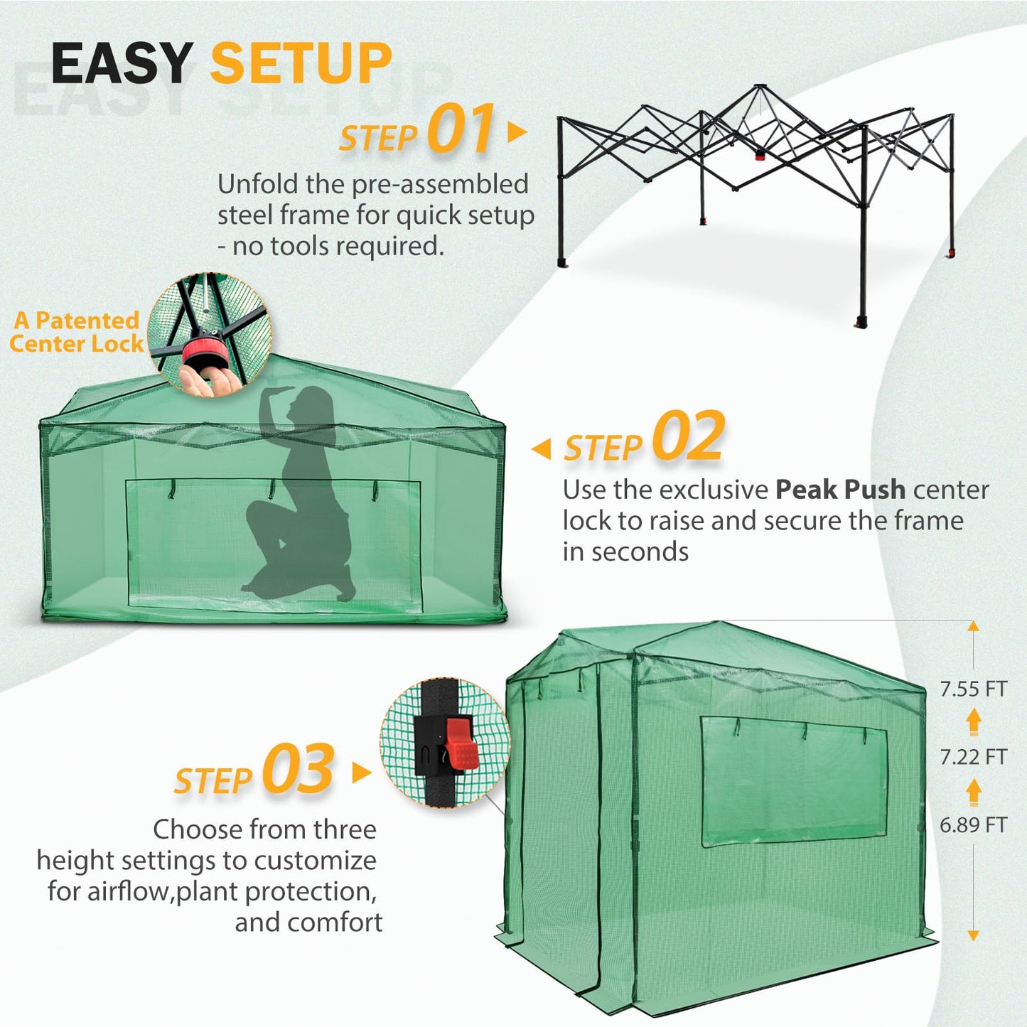 EAGLE PEAK 8x6 Portable Walk in Greenhouse, Pop Up Indoor Outdoor Greenhouse, Green House Kit with Zippered Roll-Up Doors and Windows, PE Cover, Clear/Green