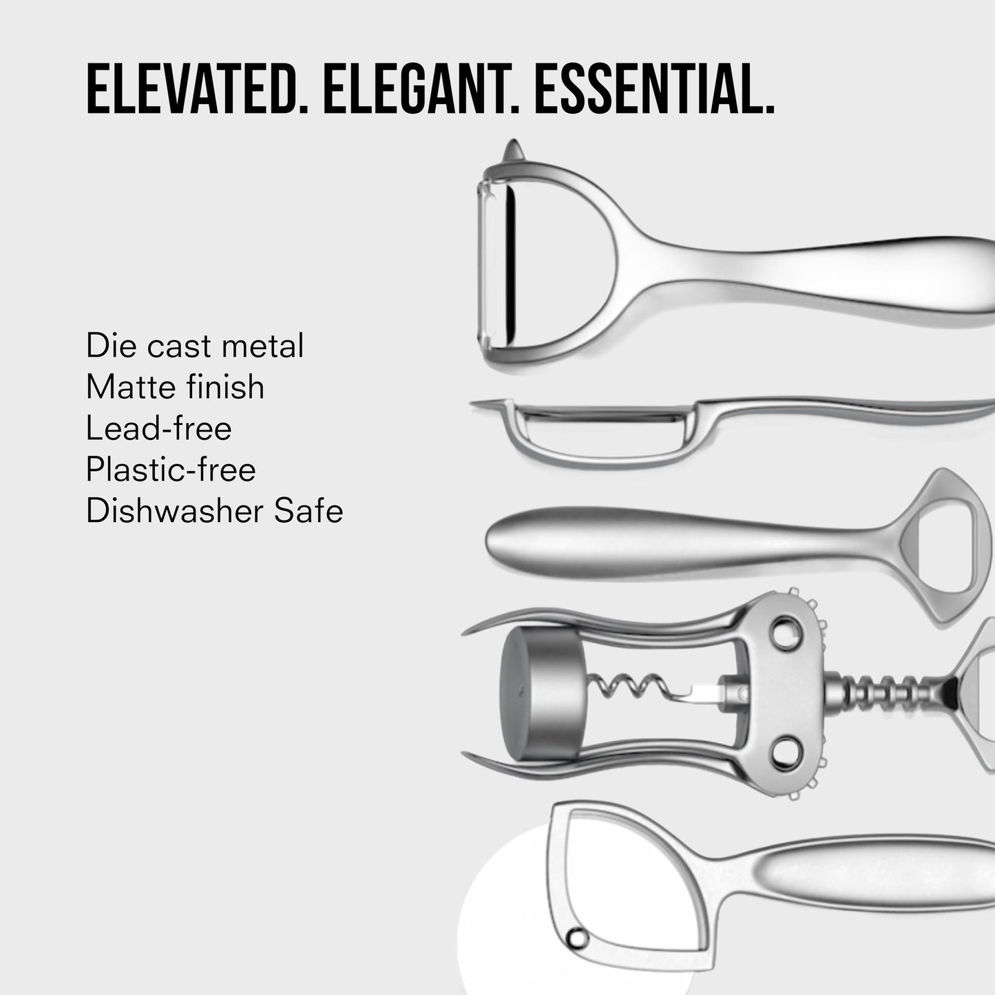 Public Goods Kitchen Tool Set | 6 Piece Kitchen Utensil Set | Includes Y-Peeler, Peeler, Bottle Opener, Wine Opener, Pizza Cutter, and Garlic Press | Plastic-Free, Dishwasher Safe Gadget Essentials