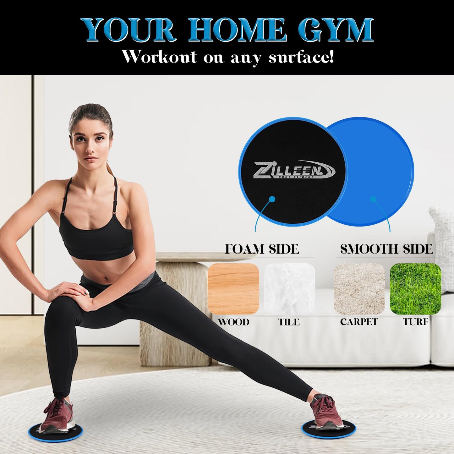 ZILLEEN Exercise Sliders for Working Out Blue Fitness Discs for Pilates Women Men, 10Pcs