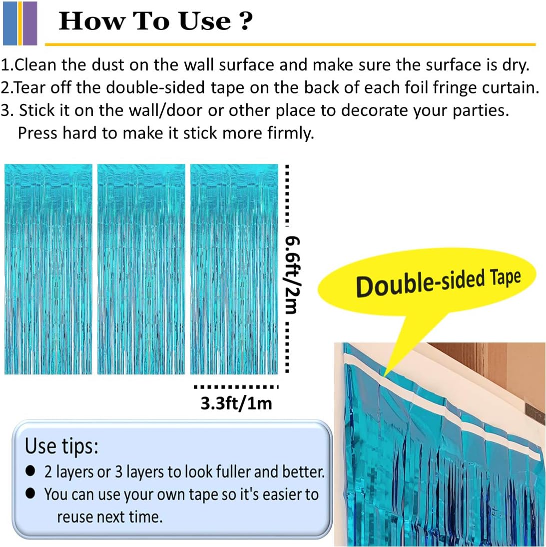 Skiennix Teal Blue Tinsel Foil Fringe Curtains - 3PC Birthday Party Backdrop & Ocean Theme Decor