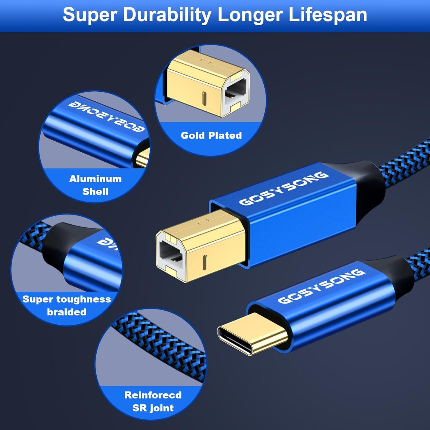 10ft, USB C Printer Cable High Speed USB C to B Printer Cord Compatible with Printers, Scanner, Fax, Piano,Midi