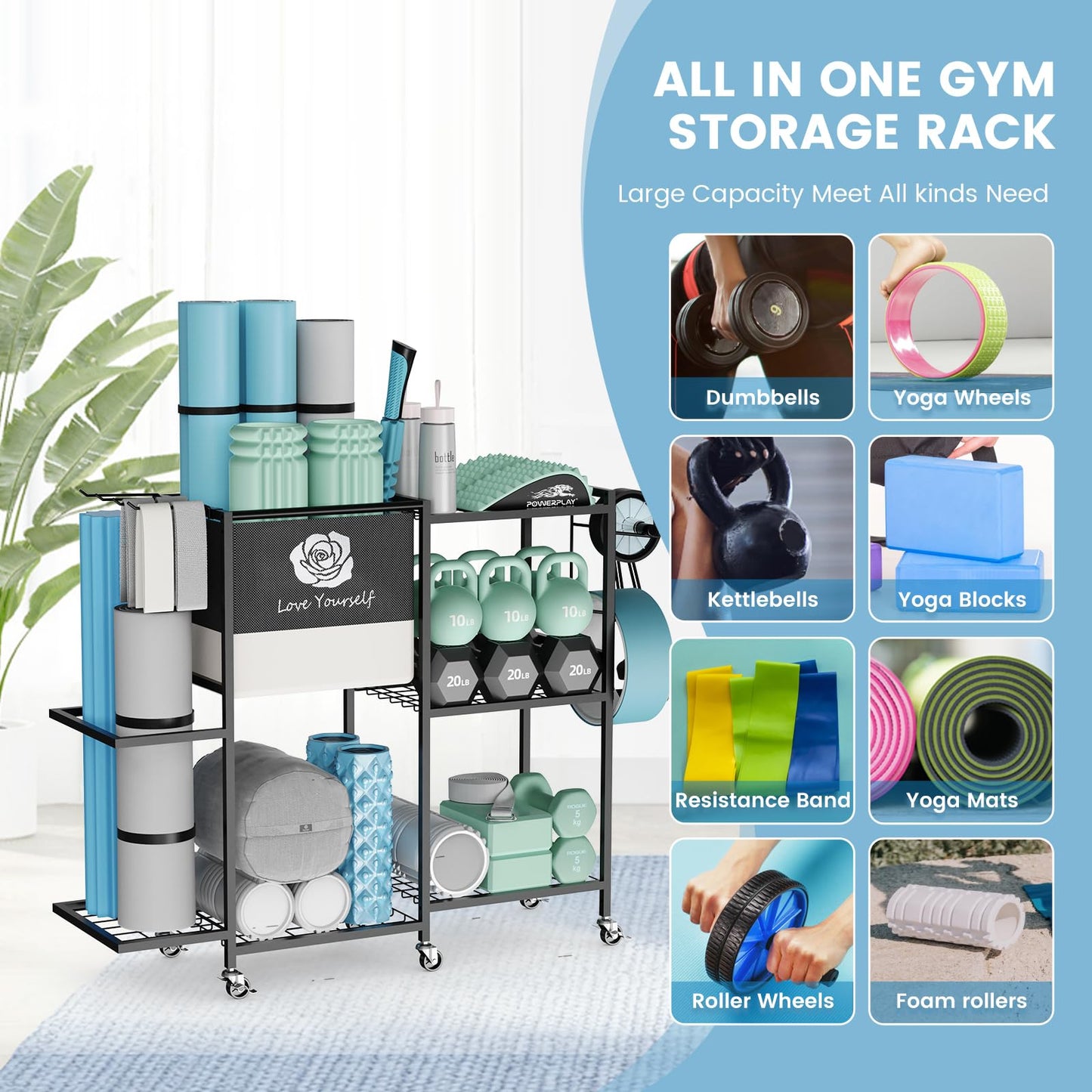 Yoga Mat Storage Rack，Home Gym Storage Rack Gym Workout Equipment Storage Organizer Fitness Weight Rack on Wheels for Yoga Mat,Yoga Block,Foam Roller,Resistance Band,Dumbbell,Kettlebell (Large Dark)