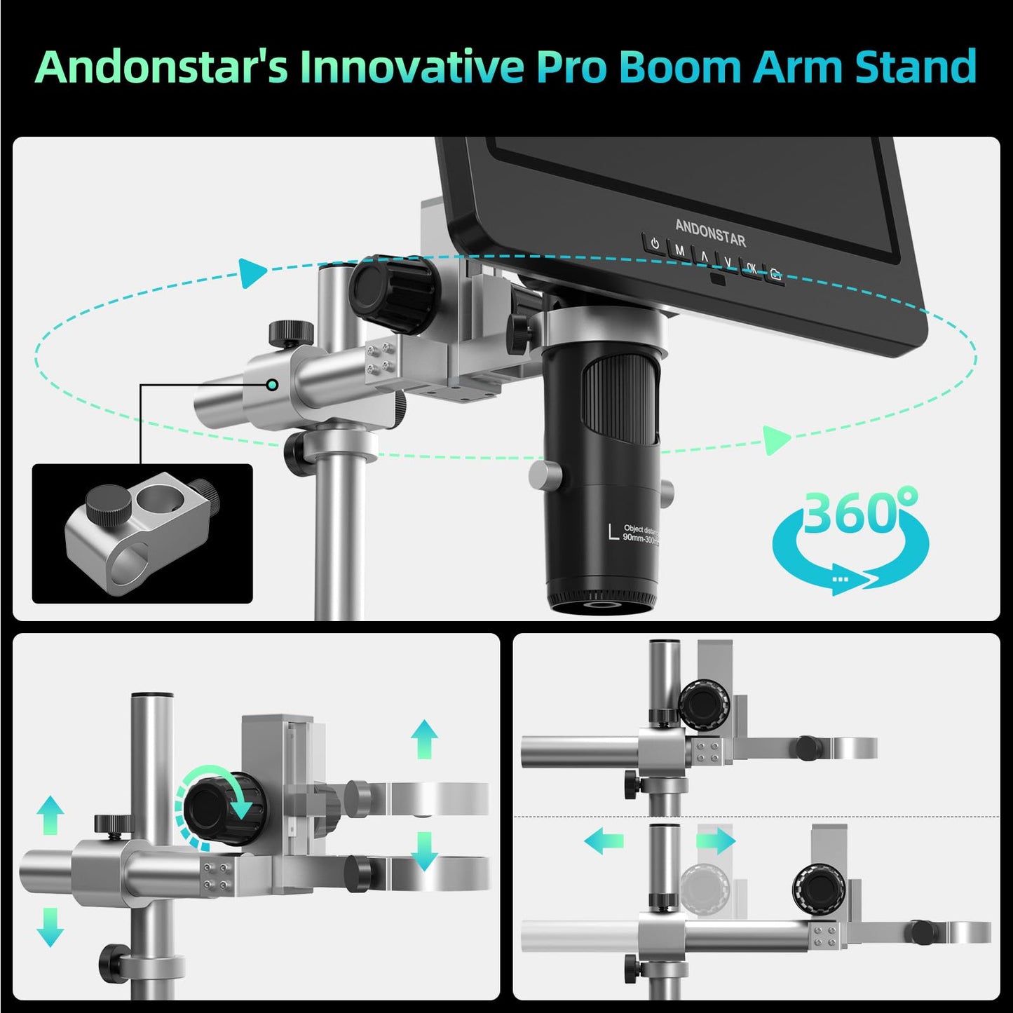 Andonstar AD249S-M Plus 10.1'' HDMI Soldering Digital Microscope for Electronics Repair, 2000x 3 Lens 2160P UHD Video Record, Soldering Microscope Station with Helping Hands, Slides, 32GB Card
