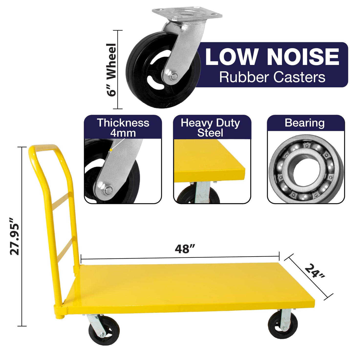 5Seconds Platform Cart Industrial Dolly 2400 LB Heavy Duty 48” X 24” Platform Hand Push Truck Commercial Cart Flatbed, Moving Cart 6” Swivel Wheels Flatbed cart