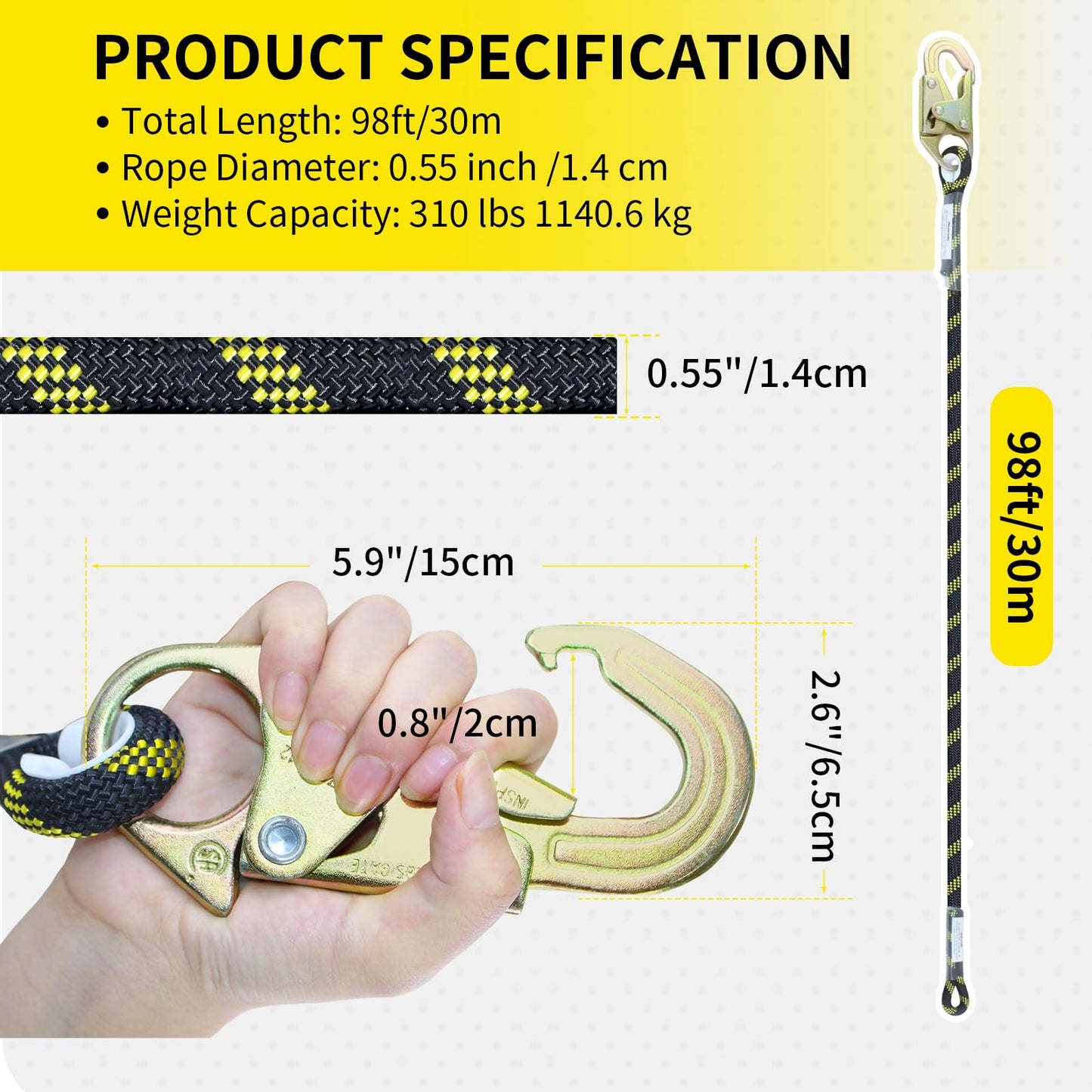 Meyoppm 100FT Vertical Lifeline Assembly, Heavy Duty Fall Protection Safety Rope with Rope Grab, Steel Snap Hooks & Shock Absorber, Tree Climbing High-Altitude Safety Line Kit, ANSI CE