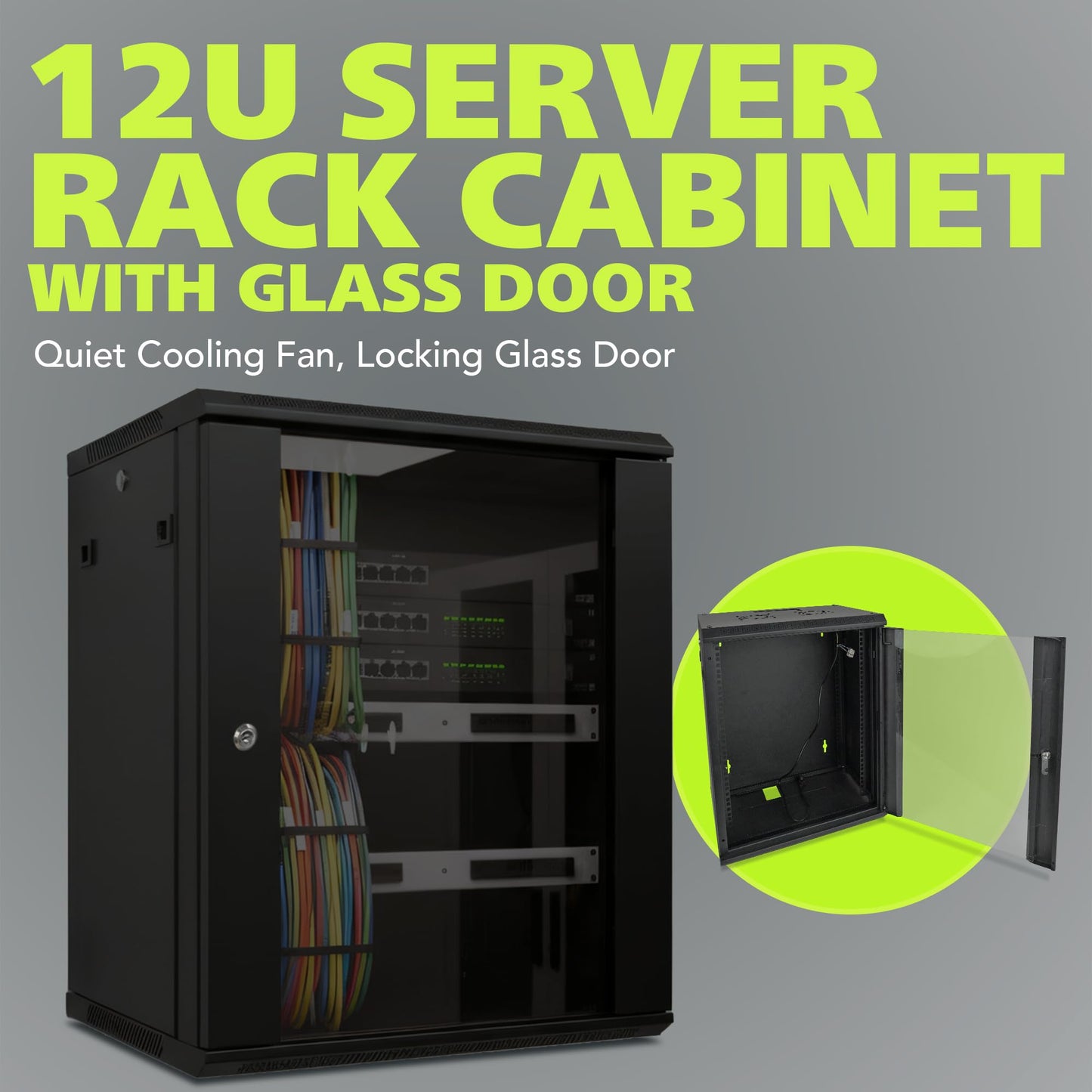 Pearington 12U Server Rack Enclosure with Glass Door, Cooling Fan, Locks, & Removable Side Panels - 12U Wall Mount Network Cabinet