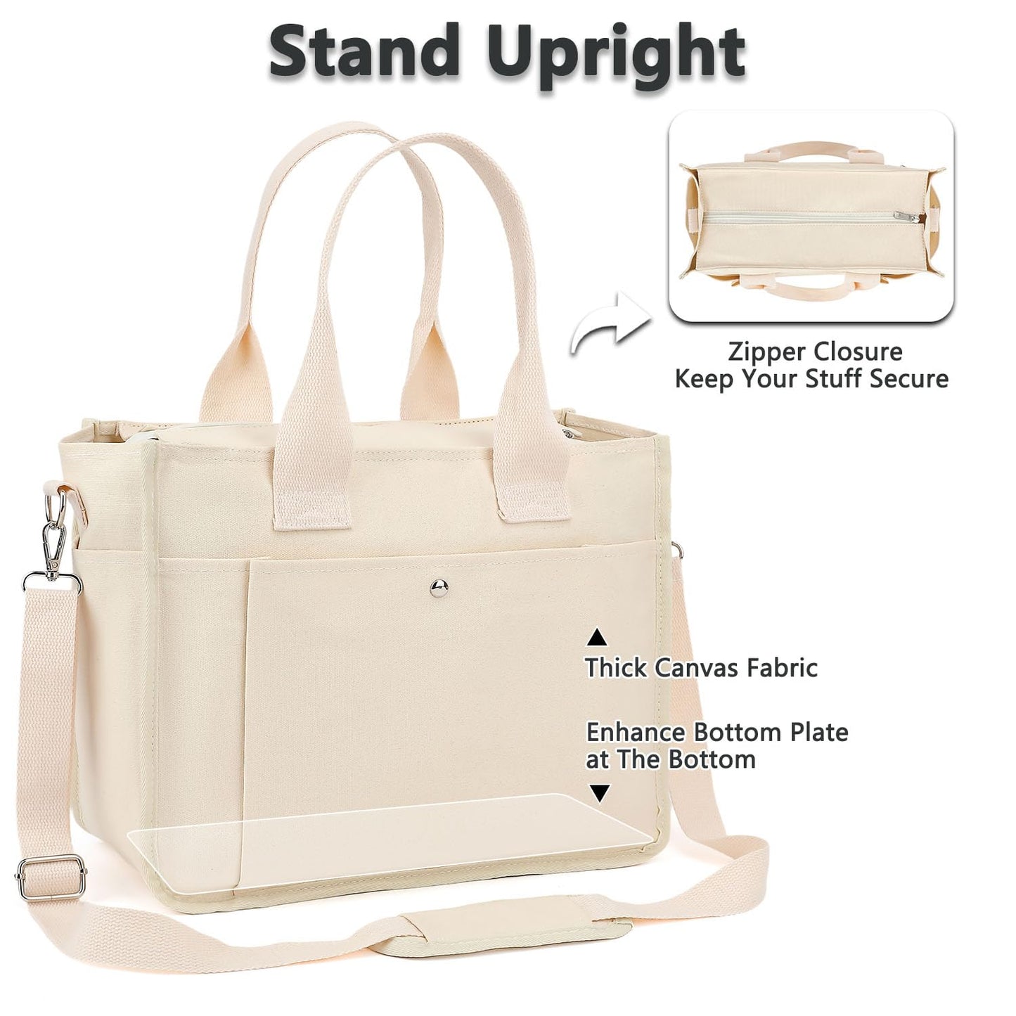 Fammart Large Canvas Tote Bag for Women with Zipper & Compartments, Crossbody Laptop Bags for Work College Travel