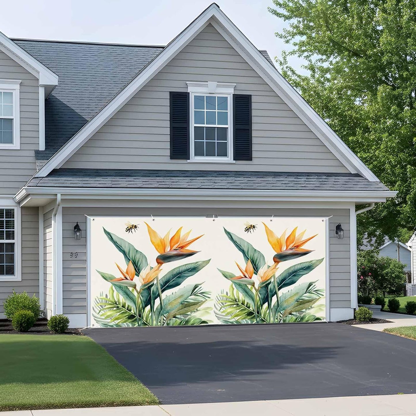 Jimehezon 8x6.9ft Summer Grommets Bird of Paradise Garage Door Banner Tropical Plant Bee Flower Botanical Garage Door