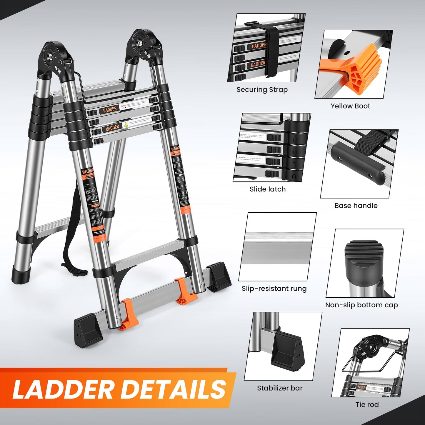 Telescoping Ladder 16.5 FT A Frame, Extension Multi-Purpose with Balance Bar Heavy Duty 330 lbs Max Capacity for Home and Outdoor Work, Silver