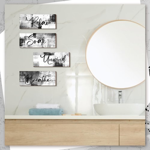 Maitys Bathroom Wall Art - 4 Pcs Rustic Wood Decor for Soak & Unwind | 10 x 4 Inch Black & White Signs
